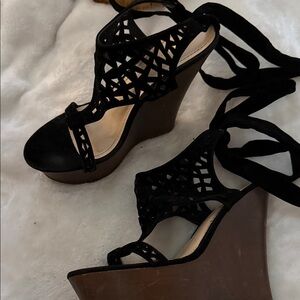 BAMBOO Black Cutout Lace-Up Wedge Sandals with Brown Platform
